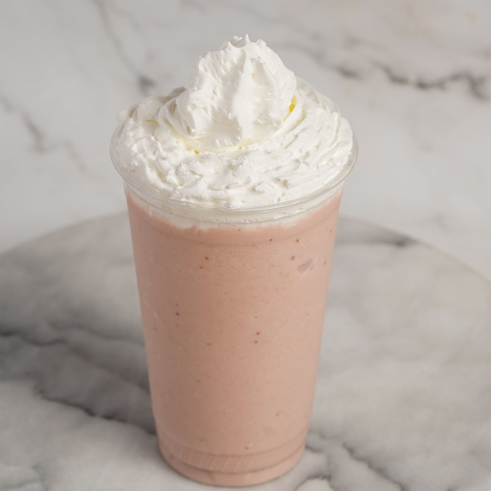 A pink smoothie topped with a generous swirl of white whipped cream in a clear plastic cup.
