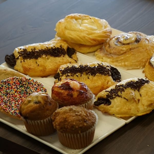 A white tray filled with various Bagel Nosh pastries, muffins, and a sprinkle-covered cookie.