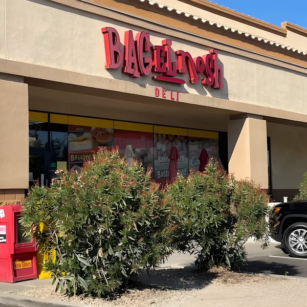The exterior of Bagel Nosh Deli with its red sign, large windows, and green bushes in front.